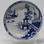 Blue & white saucer painted with house and wall, ex Watney collection, 1 rim chip,