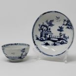 Blue & white teabowl & saucer, long fence pattern, decorator's mark, ex collection of EJ Sidebottom,