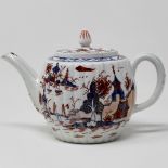 Ribbed, barrel-shaped teapot and replacement (Lowestoft Porcelain Factory) cover,