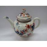 A Lowestoft porcelain Imari coloured "Two Bird" pattern teapot and lid of spherical form. 14.