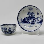 Blue & white teabowl & saucer painted with cottage and man on bridge, sold Christies October 2002.