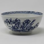 Blue & white 11cm bowl, bird print, painted zig zag border.