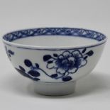Blue & white teabowl painted with root and flowers, labelled Bow c1760, sold Phillips,
