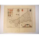 Johannes Blaeu: 'Cornwall', engraved hand coloured map, circa 1645, plus H.