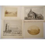 A packet containing a 19th Century monochrome watercolour of Loddon church, by J.