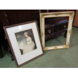 Portrait mezzotint of a lady and a gilt and white frame,