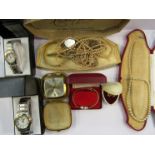 A small quantity of bijouterie including faux pearls, his and hers wristwatches, travel clock etc.
