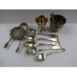 Mixed silver and plated wares including teaspoons, sugar tongs, egg cup, pin dish,