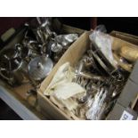 A box of mixed plated cutlery, tea sets, coffee pot etc.