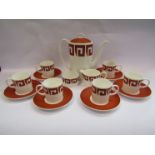 A Susie Cooper red Keystone coffee set comprising of a coffee pot, six cups,