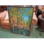 Maynard Hale? framed acrylic on canvas depicting palm trees and bridged waterway, tear to canvas,