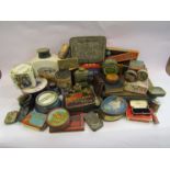 A collection of mixed vintage tins, advertising items, Stilton cover etc.
