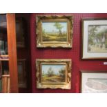A pair of gilt framed oils on board depicting landscape scenes, signed D.