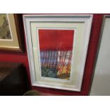 A modernist abstract print in reds and yellows, signed lower right, framed and glazed,