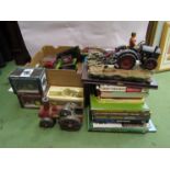 Two boxes of tractor models and related books
