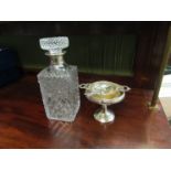 A whisky decanter with silver collar, silver footed bowl,
