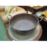 A large copper twin handled maslin jam pan with brass handles,