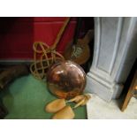 A pair of wooden and brass bellows, a set of three brass ducks, copper bed pan and shoe trees etc.