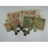 Foreign coinage and Five Yuan note,