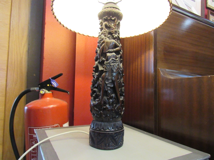 An Indian carved wood lamp base with shade - Image 3 of 4