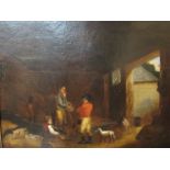 A large maple framed oil painting of stable interior, approximately C.1780. Relined.