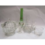 A selection of glassware including decorative oil lamp chimney,