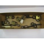 A box containing silver thimbles, locks and keys etc.