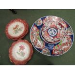 A Japanese Imari charger with two smaller dishes and a Victorian floral design fruit service