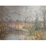 A gilt framed oil on board depicting marshland landscape, signed lower right,