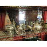 A selection of assorted metalwares to include brass and copper Eastern dish, plated teapot,