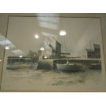 A limited edition framed print of boats in harbour, 42/250, signed,