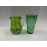 Two pieces of Mary Gregory glassware including beaker etched with boy design,