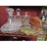 A pair of decanters, a ships decanter, biscuit barrel and set of dishes etc.