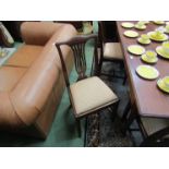 A set of six 1930's mahogany dining chairs with pierced back splat, drop-in-seats,