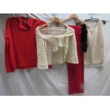 Three items of women's knitwear and a Woolands of Knightsbridge red wool snood with black faux fur