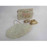Two cream beaded evening bags and three miniature evening purses including chain-mail (5)