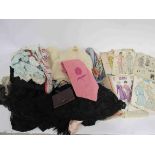 Two boxes containing 1930's/1940's hats and accessories including knitted vests, scarves,