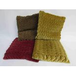 Four vintage velour platted effect feather filled cushions, gold,