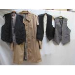 A Driback shower proof Hepworths rain mac in camel and four various gents waistcoats