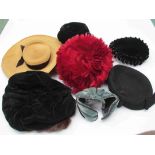 A collection of ladies hats including a 1960's red feather hat by John Vickers Ltd in original box,