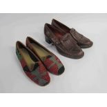 A pair of YVES SAINT LAURENT 1970's brown leather heeled golfing ladies shoes and a pair of woven