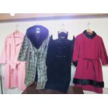 Four late 1960's early 70's coats, one with a matching dress, black velvet with pale mink collar,