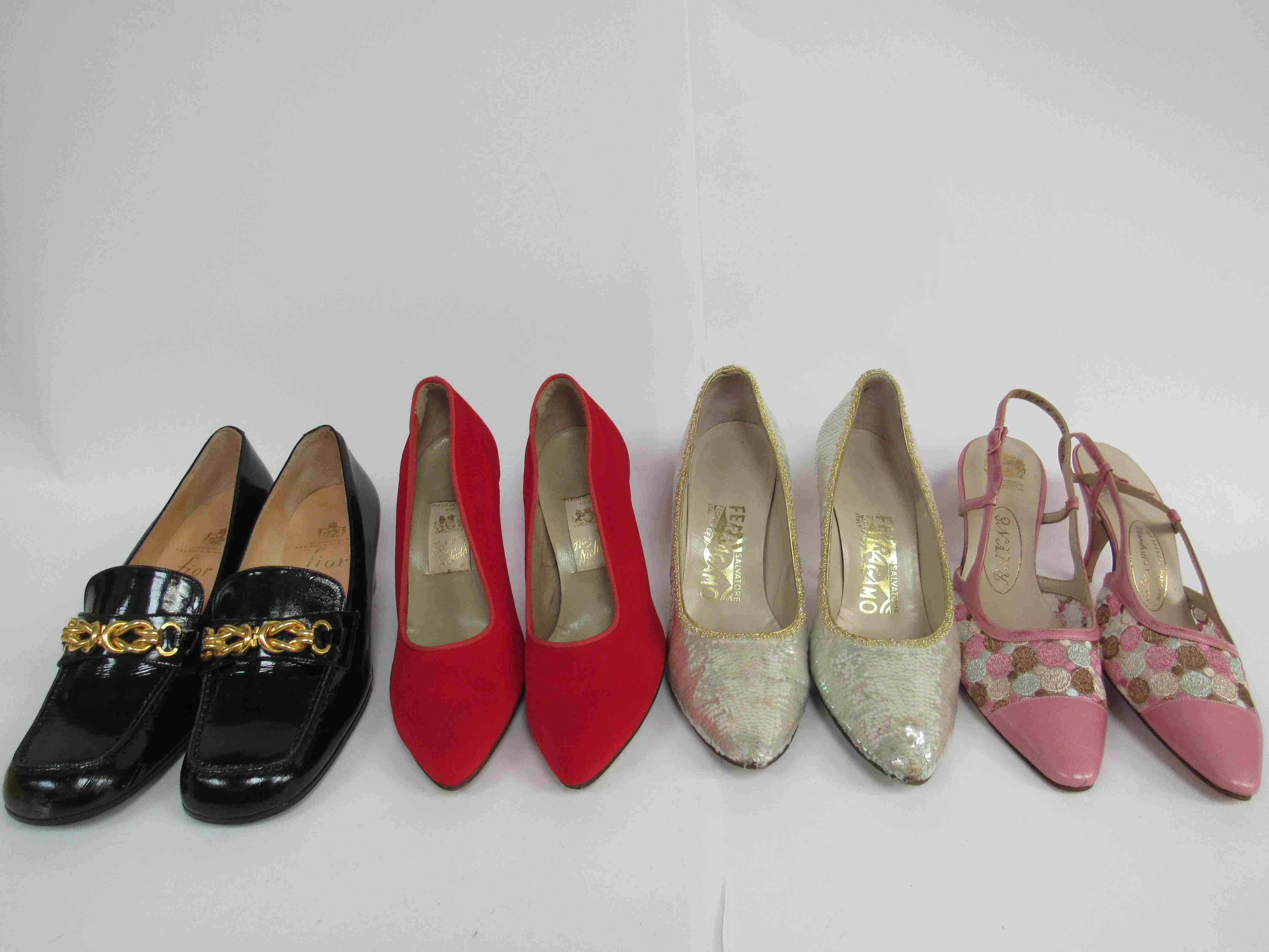 Four pairs of shoes including Harvey Nichols 1960's red velvet court shoes,