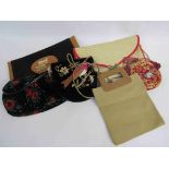 Six various cloth and raffia bags