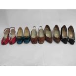 Five pairs of 1960's shoes including three pairs of "Rayne", black fabric courts,