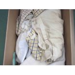 A box containing a good quantity of gents cream riding breeches and check waistcoats