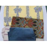 A pair of interlined glazed cotton blue and yellow curtains with bow design,