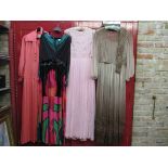 Four 1960's full length evening dresses, pale pink chiffon with gold bead detail,