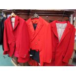 Two scarlet barathea wool huntsman riding jackets, Frank Hall and H.