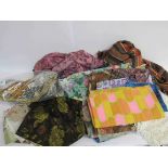 Two boxes and a bag of linens and fabrics including damask 1950's French linen 1930's remnants and